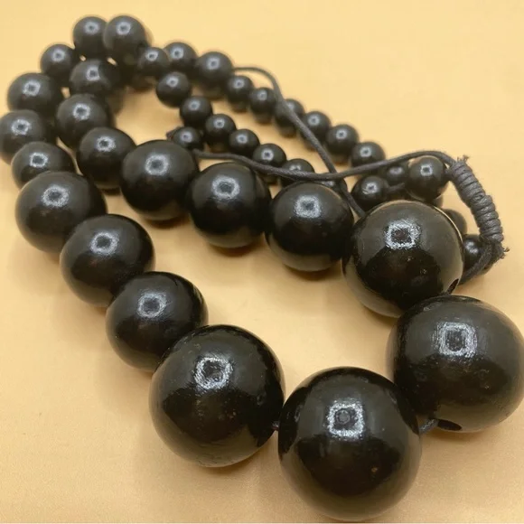 Bold Unsigned Wooden Large Pearl Beaded Mid Century Inspired Corded Necklace